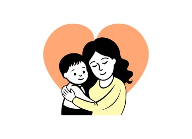 Anne Sarılması Oğul Vektör İllüstrasyonu Turuncu Kalp Arkaplanı