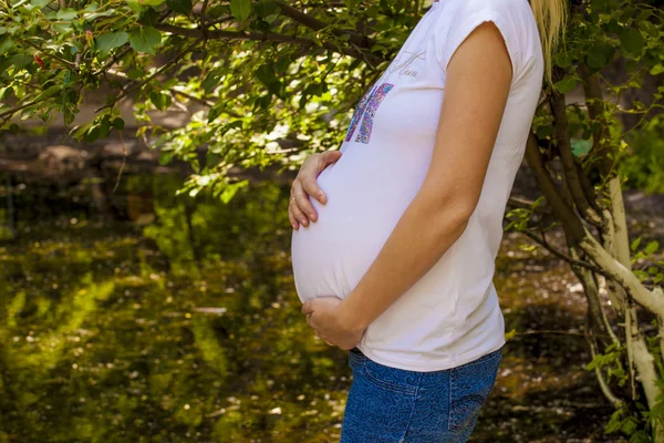 Zwangere vrouw bedrijf buik — Stockfoto