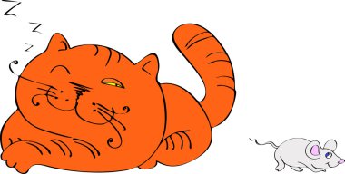 Kedi uyuyor gibi görünüyor ve fare saatler