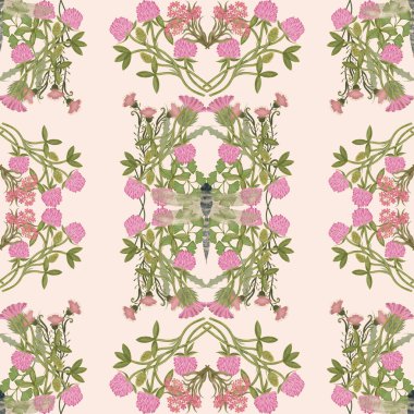 Pembe yonca çiçekleri, dulavratotu ve narin yusufçuk desenli botanik deseni