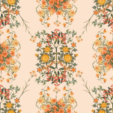 Açık arkaplanda sarı ve turuncu suluboya çiçekleri olan parlak, pürüzsüz bir iz.