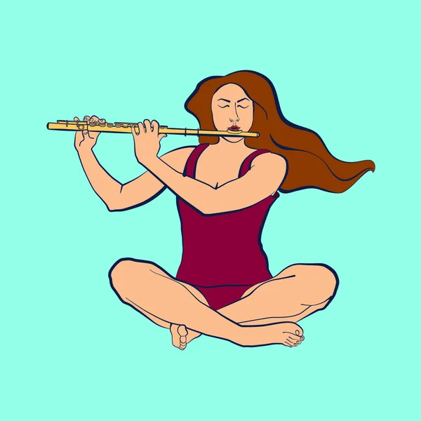 Sukhasana içinde oturan ve flüt oynayan kadın çizimi — Stok Vektör