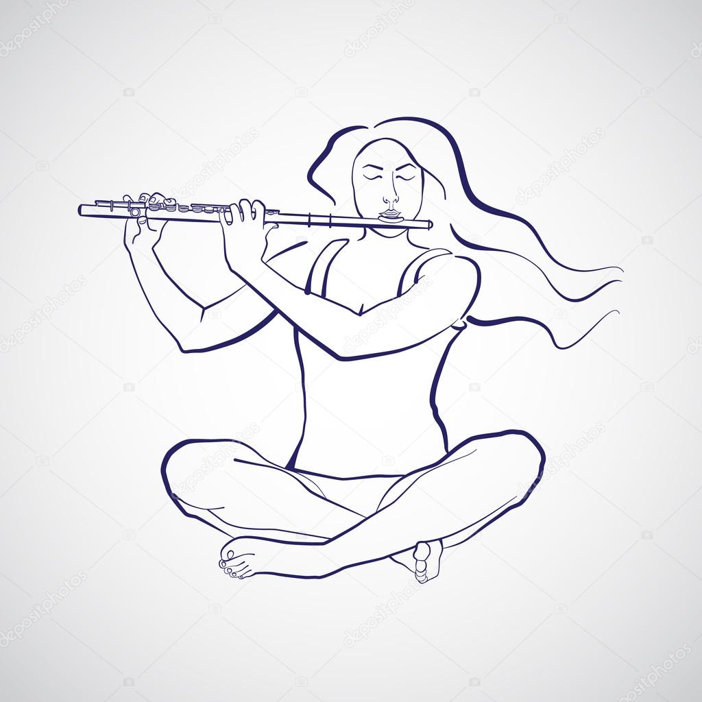 Illustration Of Woman Sitting In Sukhasana And Playing Flute