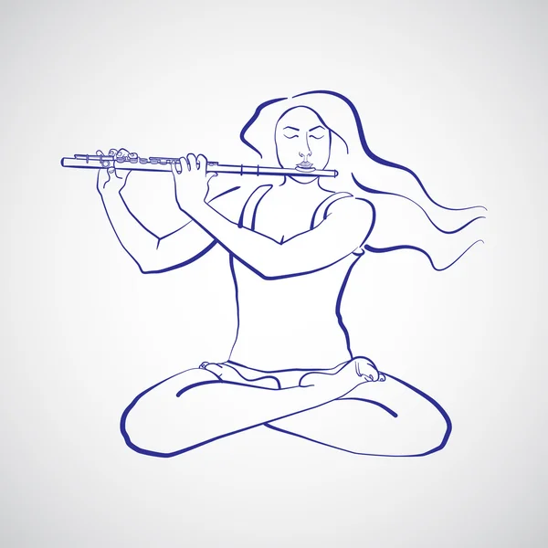 Padmasana içinde oturan ve flüt oynayan kadın çizimi — Stok Vektör