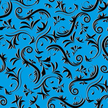 Sorunsuz vintage siyah çiçek soyut desenli mavi bir arka plan üzerinde surround