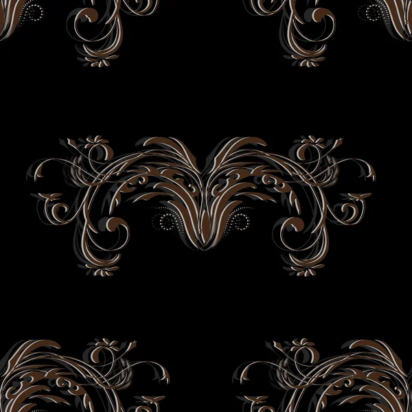 Patrón sin costura marrón vintage con elementos de un ornamento floral abstracto sobre fondo negro — Vector de stock