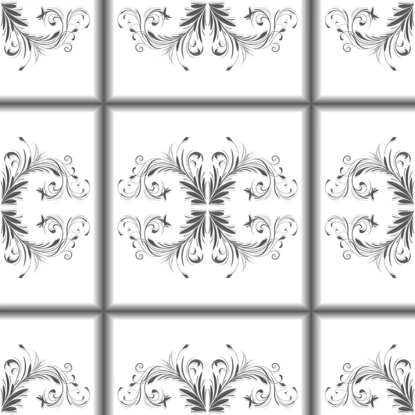 Безшовний візерунок чорний квітковий орнамент в об'ємних квадратах, біла плитка з чорним вінтажним орнаментом в центрі — стоковий вектор