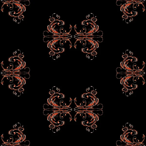 Motif sans couture sur fond noir vintage abstrait ornement floral dans les tons orange rouge — Image vectorielle