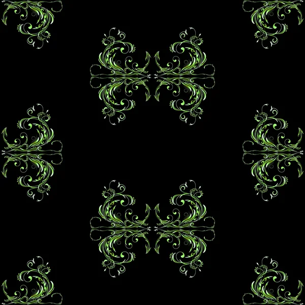 Patrón sin costuras sobre fondo negro ornamento floral abstracto vintage en colores verdes — Vector de stock