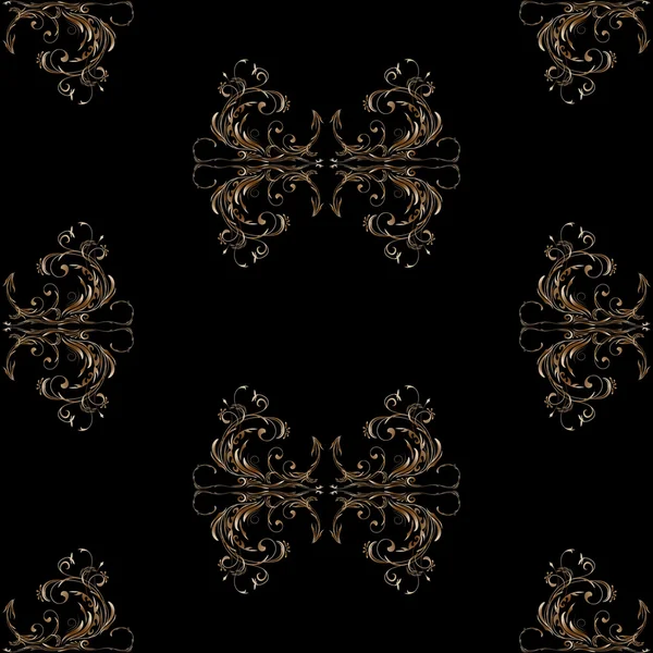 Seamless pattern on black background vintage abstract floral ornament in brown tones — Stock Vector