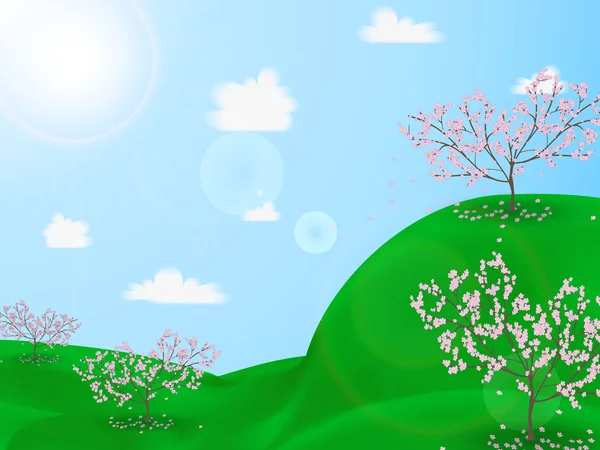 Un cerezo floreciente en las verdes colinas — Vector de stock