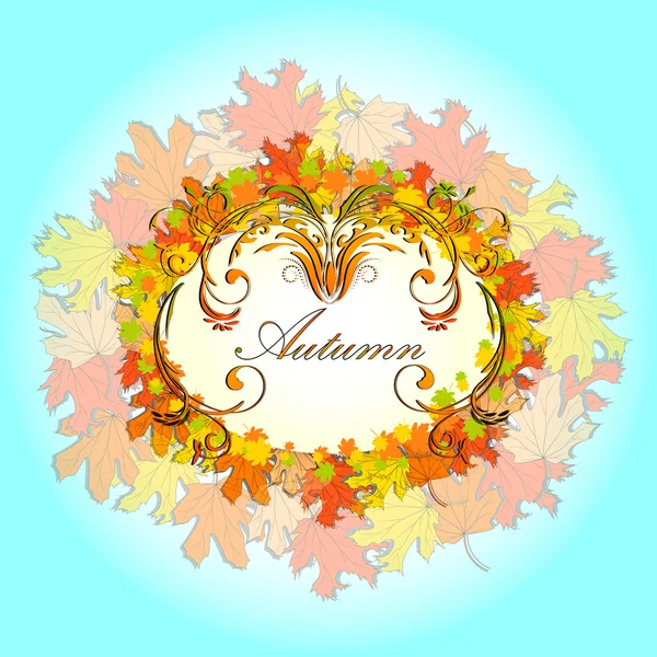 Herbstliche Grußkarte mit Rand aus abstrakten floralen Ornamenten und farbigen Ahornblättern — Stockvektor