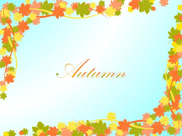 Herbst hellblauer Hintergrund mit bunten Ahornblättern und Linien in gegenüberliegenden Ecken — Stockvektor