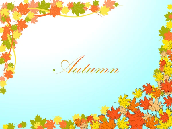 Herbst hellblauer Hintergrund mit bunten Ahornblättern in den gegenüberliegenden Ecken — Stockvektor