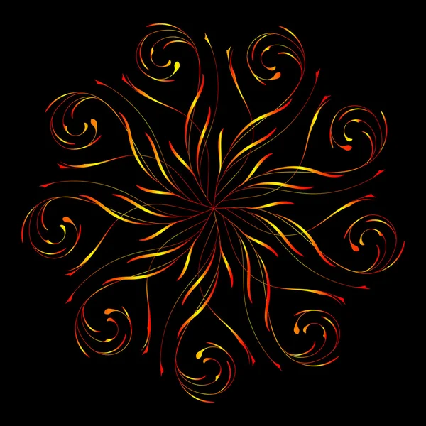Abstrakte florale kreisförmige Ornamente in gelben und roten Farben auf Schwarz — Stockvektor