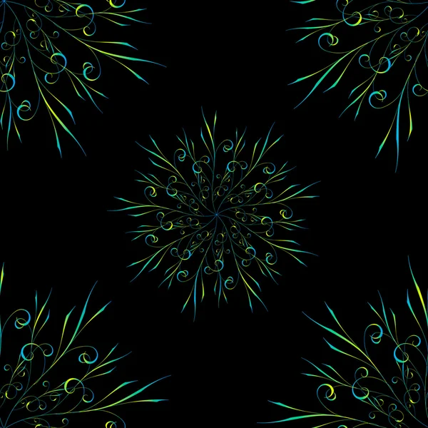 Χωρίς ραφή πρότυπο με μπλε κίτρινο κυκλική floral στολίδι σε μαύρο φόντο — Διανυσματικό Αρχείο