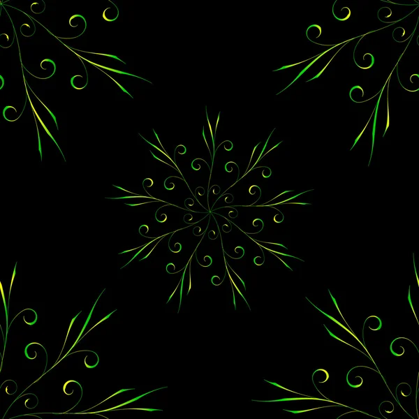 검은 바탕에 원형 노란 녹색 꽃 장식으로 완벽 한 패턴 — 스톡 벡터