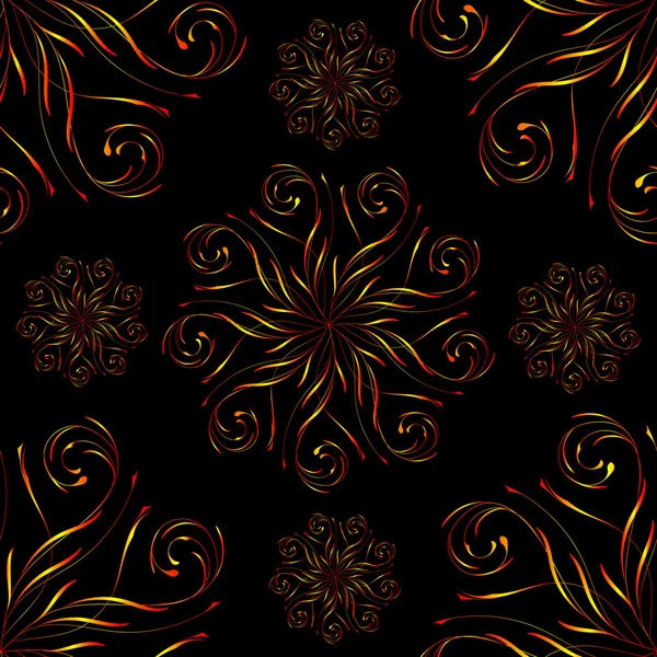 Бесшовный узор с большим и малым красным круглым цветочным орнаментом на черном — стоковый вектор