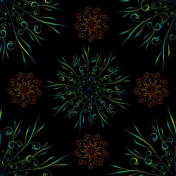 Nahtloses Muster mit blauem und rotem floralen Ornament auf schwarz — Stockvektor