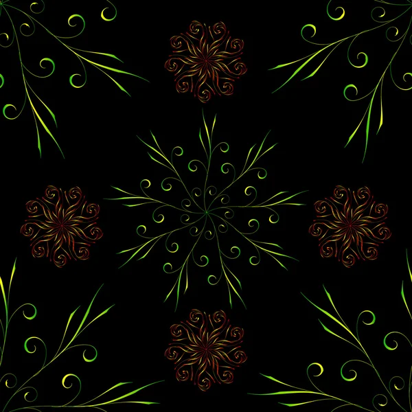 Бесшовный узор с зеленым красным цветочным круглым орнаментом на черном — стоковый вектор
