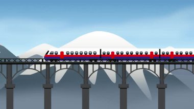 Hız Treni çelik bir köprüde Alplerdeki kar dağlarında seyahat ediyor.