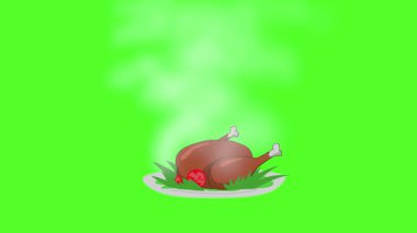 Bir çizgi film Sıcak Lezzetli Kızarmış Tavuk Tabakta Yeşil Ekran