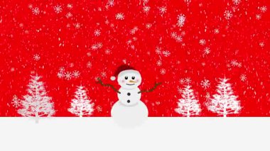 Kırmızı arka planı olan bir kardan adamın kafasına kar yağıyor.