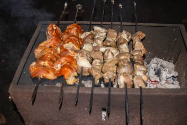 Dışarıda et pişiriyorum. Metal şişler üzerinde çiğ et parçaları. Yanmış meyve ağaçlarının ısısını taşıyan bir barbeküde yemek pişirmek etin zengin bir tadı için..