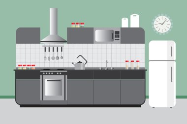 Mutfak dolapları buzdolabı Hood Microvawe ile ayrıcalık. Düz vektör iç tasarım yeşil gri ve beyaz renk