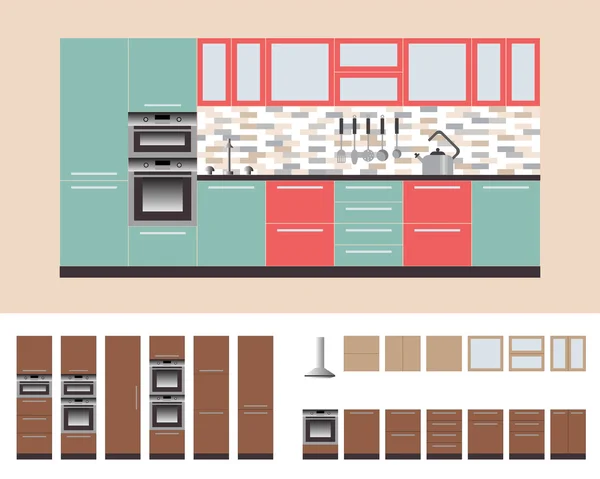 Armadi Kitcnen con Attrezzatura da Cucina, Forno, Microonde, Cappa aspirante. Flat Vector Illustrazione per voi Interior Design. Set di mobili — Vettoriale Stock