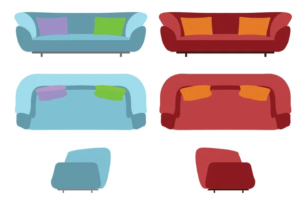 Grandes sofás. Mobiliário para o seu design de interiores. Ilustração vetorial plana. Topo, vista frontal e lateral. Criador de Cena — Vetor de Stock
