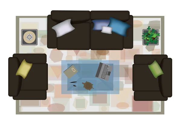 Ícones interiores vista superior com sofá sofá poltrona isolado vetor ilustração. Cenário criador conjunto realista . — Vetor de Stock