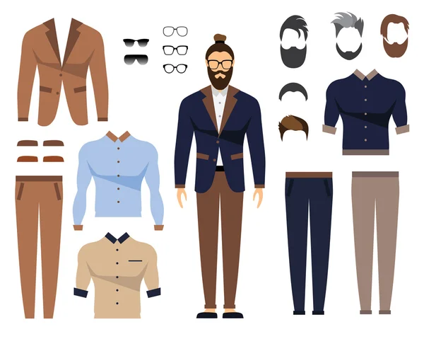 Uomo in abiti da ufficio, elegante design uniforme. Set di occhiali, stili di capelli e abbigliamento maschile. Illustrazione vettoriale piatta . — Vettoriale Stock