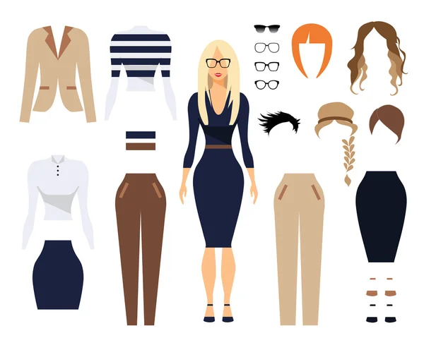 Γυναίκα στο γραφείο ρούχα, κομψό ενιαίο σχεδιασμό. Σύνολο γυαλιά, χτενίσματα και γυναικείας ένδυσης. Επίπεδη διανυσματικά εικονογράφηση. — Διανυσματικό Αρχείο