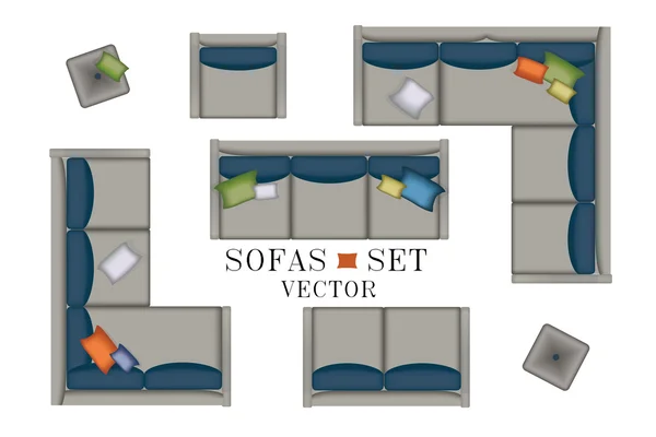 Sofas Armchair Set. Furniture, Pouf, Carpet, TV, Plants, Side Table for Your Interior Design. Flat Vector Illustration. Top View. Scene Creator. Grey color Lounge with Colorful Pillows — Stock Vector