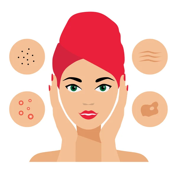 Cuidado facial, defectos de la piel, problemas, acné, seborrea, dermatitis seborreica, arrugas, manchas oscuras. iconos. Cosmetólogo, Dermatólogo . — Vector de stock