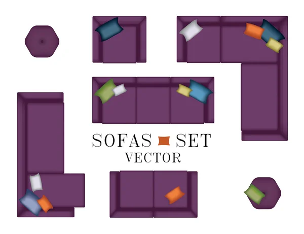 Sofas Sessel Set vorhanden. Ansicht von oben. Möbel, Hocker, Kissen für Ihre Inneneinrichtung. flache Vektordarstellung. Szenenbildner. violette Farbe — Stockvektor