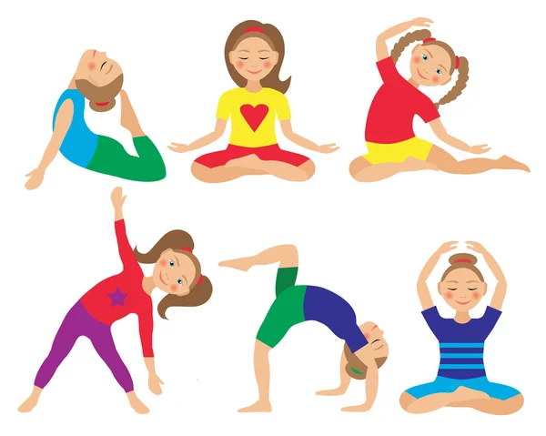 Ilustración vectorial de posiciones de yoga infantil. Actividades infantiles — Archivo Imágenes Vectoriales