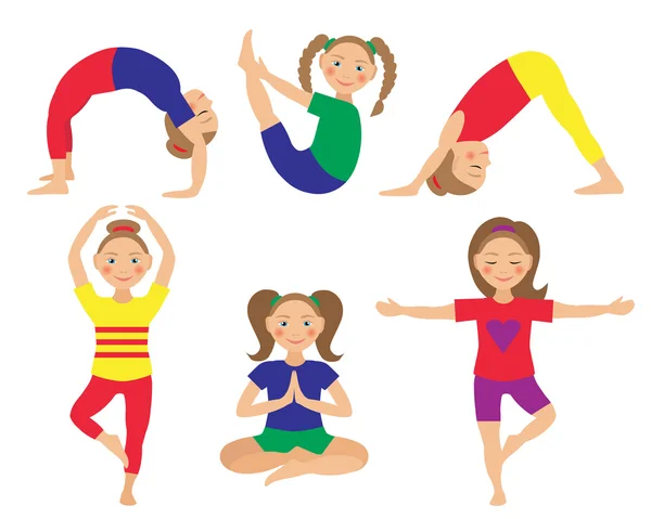 Ilustración vectorial de posiciones de yoga infantil. Actividades infantiles — Archivo Imágenes Vectoriales