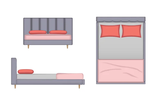 Ilustração de cama realista. Topo, Frente, Vista lateral para o seu design de interiores. Criador de Cena — Vetor de Stock