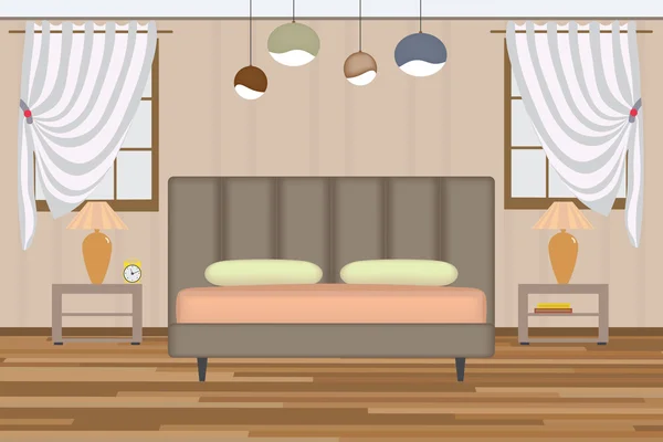 Hálószoba illusztráció. Magassági szoba ágy, oldalán asztal, lámpa, ablak és függöny. A belsőépítészet bútor szett . — Stock Vector