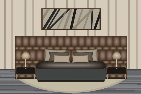 Ilustração do Quarto. Quarto Elevação com Cama de Luxo, Mesa Lateral e Lâmpada. Conjunto de móveis para o seu design de interiores  . — Vetor de Stock