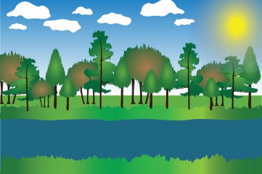 Yatay çizgi film vektör çizim ağaç, ot, nehir, gökyüzü, bulutlar ve güneş.