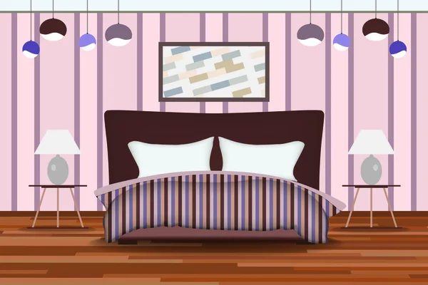 Ilustração do Quarto. Quarto Elevação com Cama, Mesa Lateral, Lâmpada, Janela e Cortinas. Mobiliário para o seu design de interiores  . — Vetor de Stock