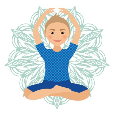 Çocuklar Yoga Pose vektör çizim. Çocuk egzersizleri yapıyor. Çocuk için duruş. Sağlıklı çocuk yaşam tarzı. Bebek jimnastiği. Beyaz arka plan üzerinde spor çocuk. Oryantal meditasyon rahatlama.