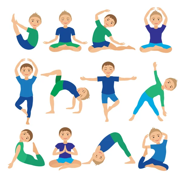 Kinder Yoga stellt Vektor Illustration. Kind macht Übungen. Haltung für Kinder. gesunder Lebensstil bei Kindern. Babyturnen. Sportjungs auf weißem Hintergrund. Entspannung durch orientalische Meditation. — Stockvektor