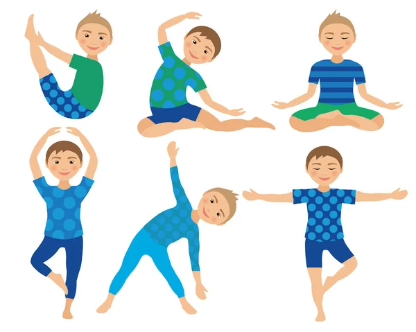 Crianças Yoga Poses Vector Ilustração. Criança a fazer exercícios. Postura para o Kid. Estilo de vida saudável das crianças. Ginástica de bebés. Sports Boys em fundo branco. Meditação Oriental Relaxamento . Vetor De Stock