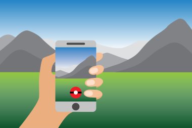 Artırılmış gerçeklik düz vektör çizim. Smartphone oyun. Cep telefonu Online oyun ile tutan el. Geolocation ve dünyayı dolaşarak. Manzara, dağlar