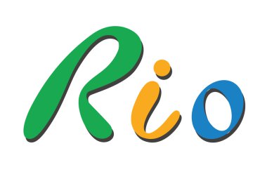 Brezilya düz vektör çizim. Rio de Janeiro yazı Isolated beyaz arka plan üzerinde. Turuncu, yeşil, mavi renklerini