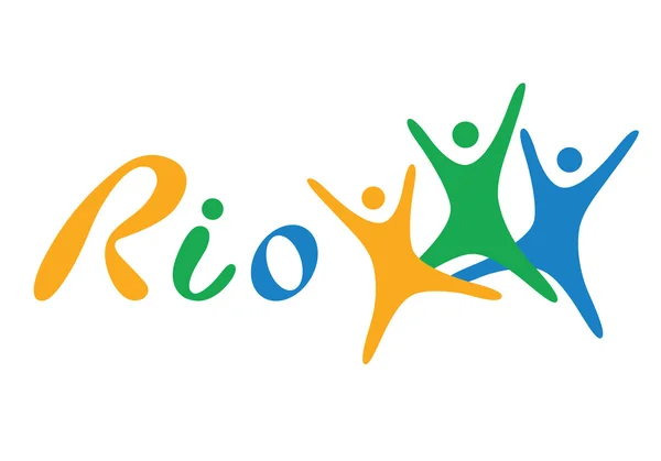 Brazilië vlag platte vectorillustratie. Rio de Janeiro belettering geïsoleerd op een witte achtergrond. Oranje, groen en blauw kleuren. Sport en Atletiek — Stockvector
